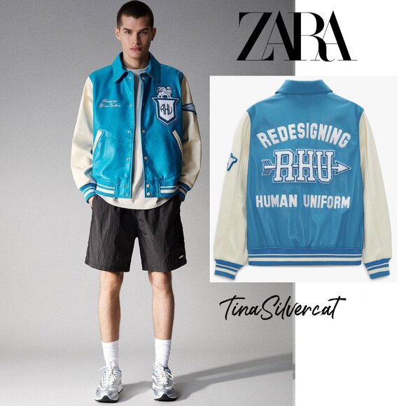 Zara X Rhuigi Leather Varsity Bomber Jacket Blue White NWT - Picture 1 of 13